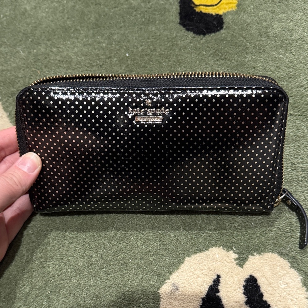 kate spade Black Patent Polka Dot Zip Wallet with Gold Hardware